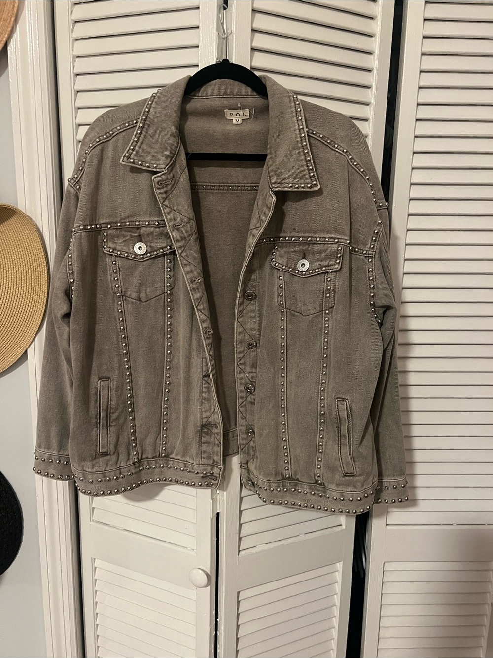 POL Taupe Studded Denim Jacket - Women